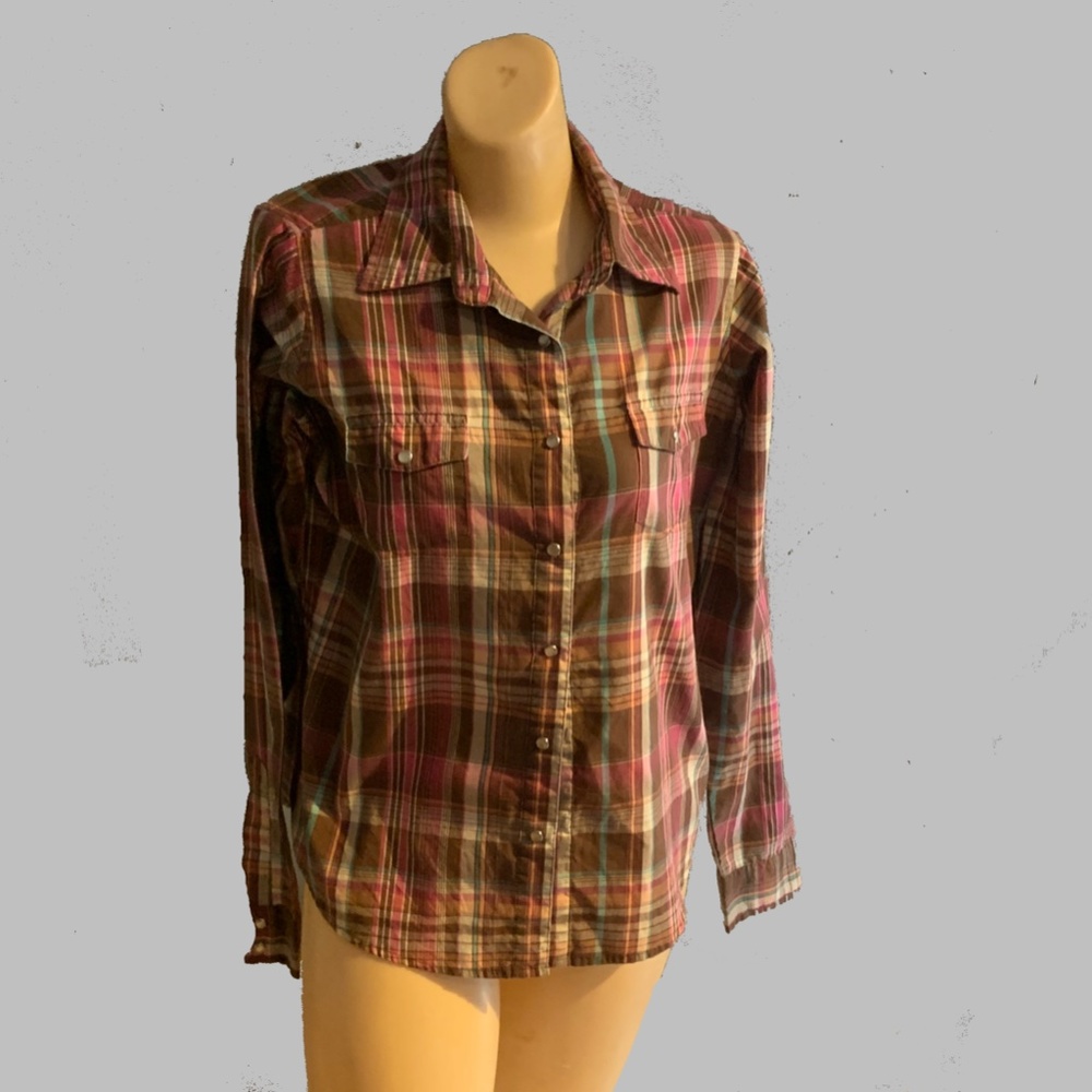 Women's Wrangler Rancher Plaid Western Shirt Pearl Snaps Med